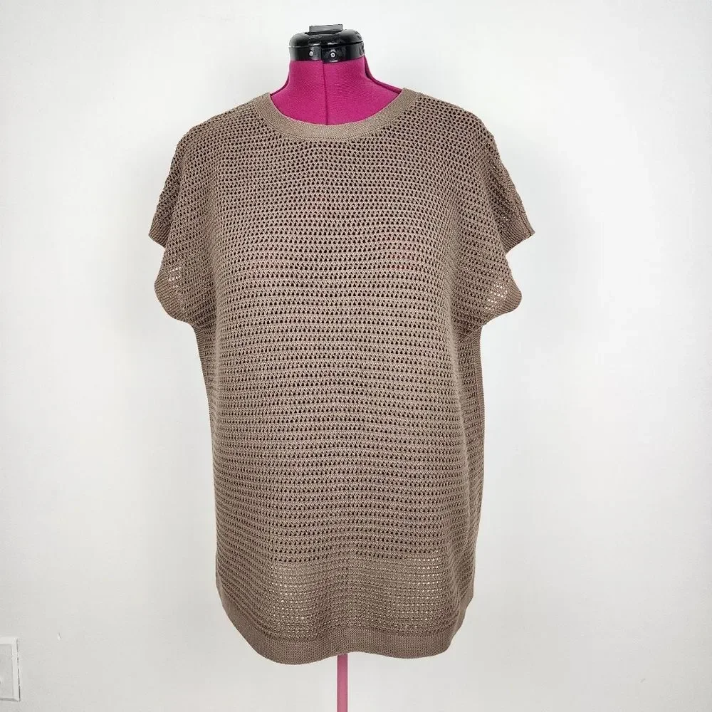 J.Jill Open-Knit Short Sleeve Cotton Blend Top Sweater Taupe Size M - Picture 11 of 12